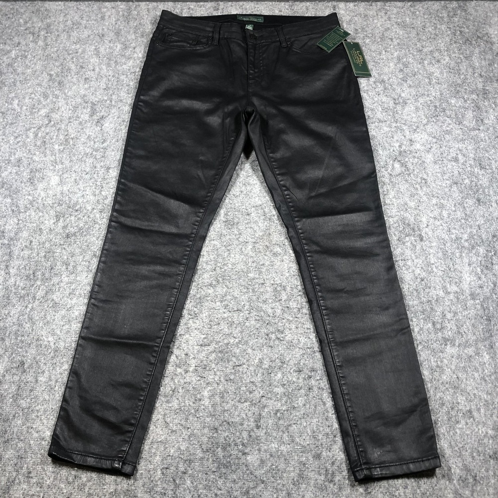 LRL Lauren Jeans Co Jeans Womens 12 Black Coated Mid Rise Skinny‎ Stretch Denim